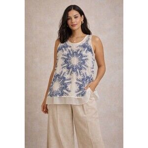 COIN 1804 Sheer Layered Printed Tank Top Boho Flowy Sleeveless Blouse